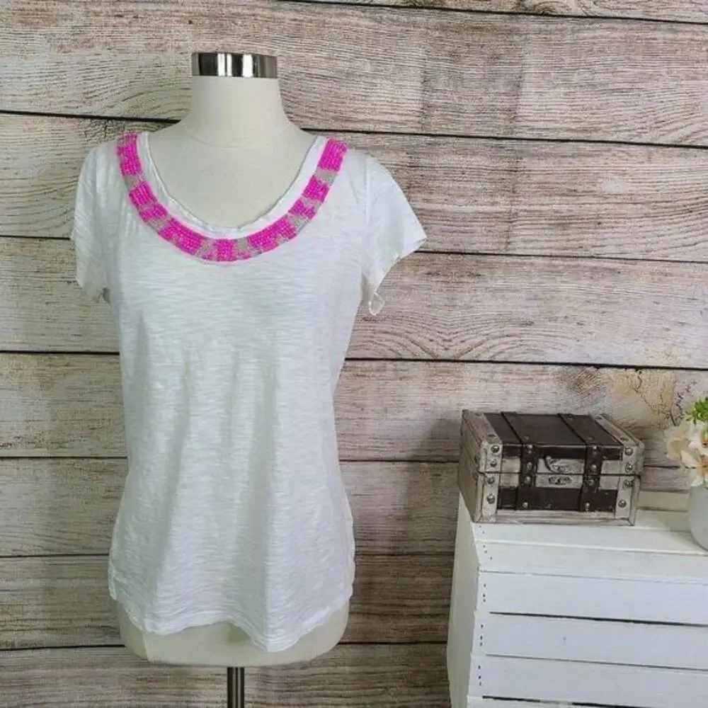 Banana Republic Milly Beaded Pink White Tee Size Medium - Picture 1 of 6
